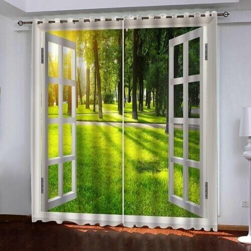 Custom 3D Green park outside the window Curtains blackout curtain for Living Room Bedroom Decorative Kitchen Curtains Drapes