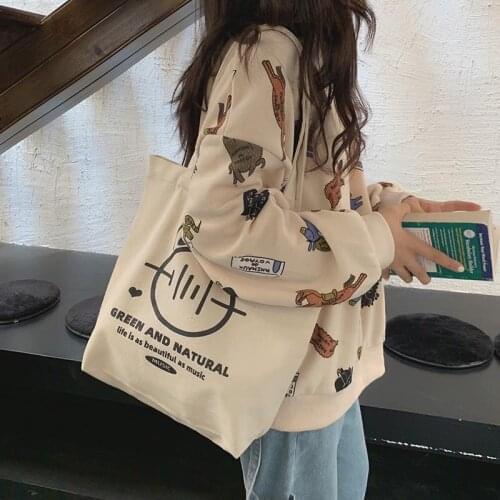 Women Canvas Shoulder Bag Cat Printing Ladies Pure Cotton Cloth Handbag Tote Shopping Bags Simple Eco Environmental Shopper Bag