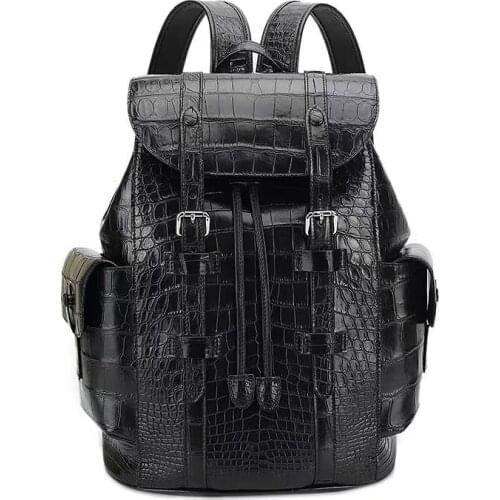 Genuine Real Crocodile Belly Skin Drawstring Closure Male Flap Pockets Backpack Exotic Alligator Leather Mens Large Travel Bag
