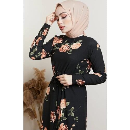 Womens Black Floral Patterned Hijab Dress Muslim Fashion Hijab Dress Islam Clothing Dubai 2021