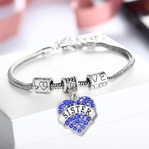 12PC Bead Chain Bangles Blue Crystal Rhinestone Love Heart Sister Charms Pendant Bracelets Sister Best Friends Jewelry Gifts Hot
