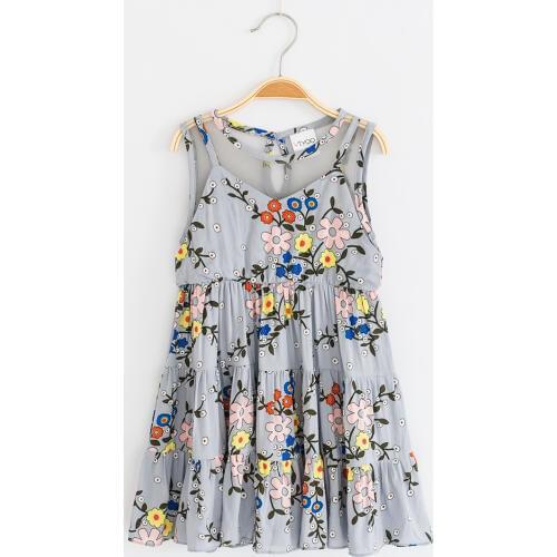2020 Baby Girls Lace Dress Summer Sleeveless Floral Printed Childrens Clothing Cute Girl Kids Clothes For Age 2-8, Grey/ Blue