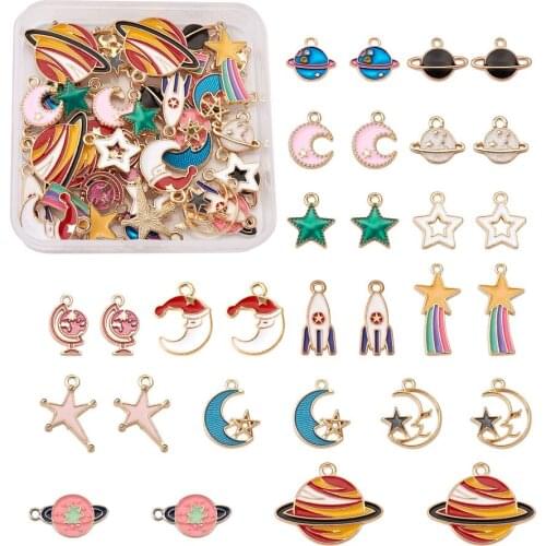 60pcs/Box Alloy Enamel Charms Globe Planet Rocket Moon Star Shape Pendants For DIY Handmade Necklace Bracelet Jewelry Making