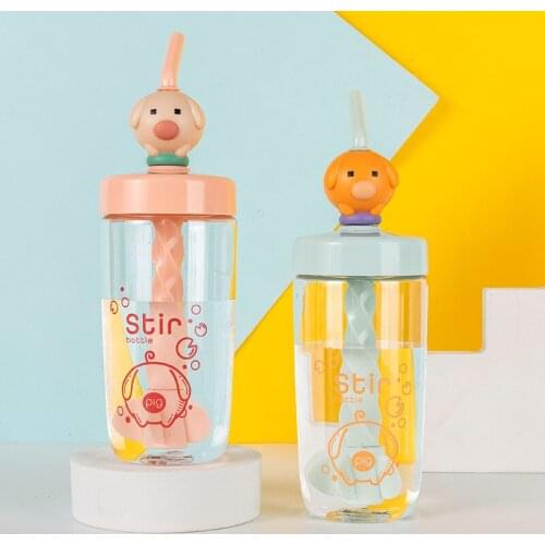 Water cup cartoon cute pig creative design single layer plastic bottle fun summer juice mixing cup student kids drinking water