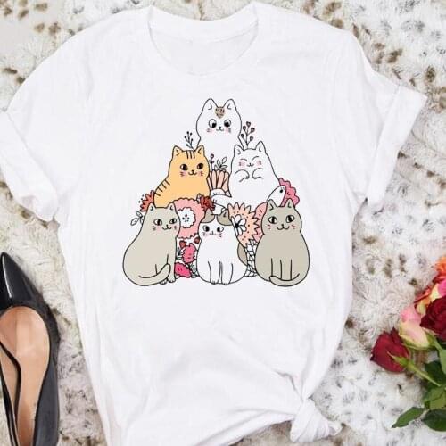 Women Cartoon Cat Cut Funny Trend Short Sleeve Summer Female Tshirts Fashion Clothes Graphic T Top Lady Print Tee T-Shirt