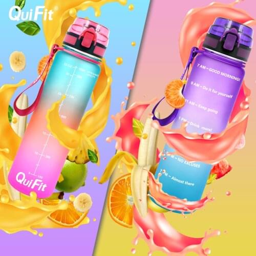 Quifit 1L 32oz Leakproof Tritran BPA Free Water Bottle with Motivational Time Marker Flip-Flop to Ensure Drink Enough Daily