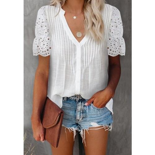 IMucci Women Knitted Acetate Patchwork Lace Regular Length Blouse Deep V-Neck Hollow Out Puff Sleeves Striped Tops