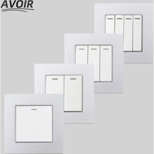 Avoir Push Button Wall Light Switch Aluminum Brushed White 1 2 3 4 Gang 1 2 Way Rocker Switches 86mm x 86mm AC110-250V For Home