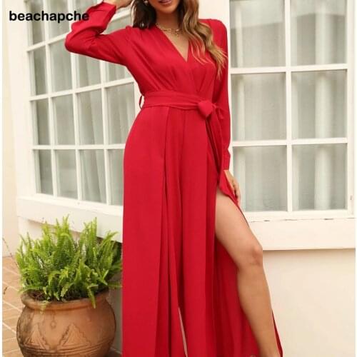 Beachapche Women Bodysuits Chiffon Chic Red Deep V Neck Sexy Jumpsuit for Womens Bow Sashes Long Pants Streetwear Mujer Bodysuit
