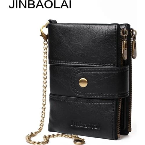 JINBAOLAI New Wallet Men Leather Vintage Chain Wallet Zip Coin Purse Credit Card Wallet Brand Designer Men Wallets Portemonnee