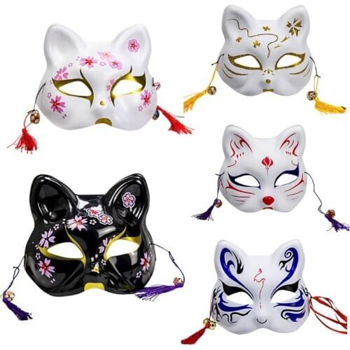 5 Colors Japanese Animal Cat Half Face Mask with Tassels Small Bells Hand-Painted Cosplay Anime Masquerade Party Dress Up Props