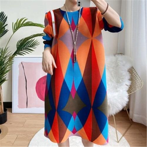 Miyake pleated womens dress 2021 spring and summer new print fashion comfortable loose large size pleated mother dress women