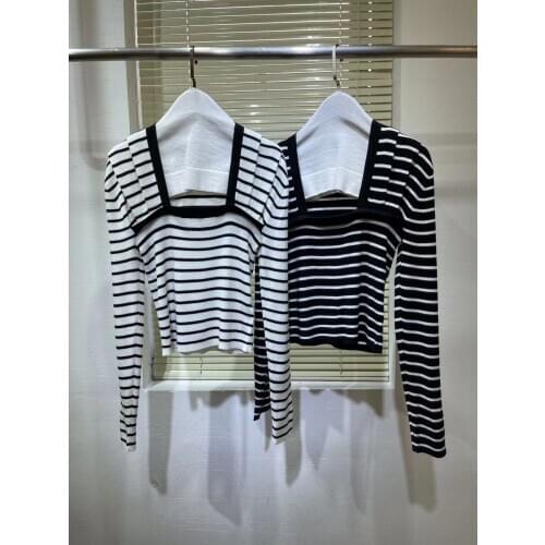 Fashion Slim Shirt for Women High Quality Brand Knitted Strip Print Square Collar Long Sleeve Black / White Pullovers 2021