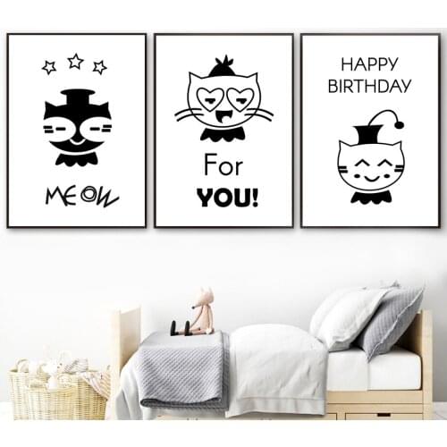 Wall Art Cute Cat Baby Bedroom Cartoon Nordic Posters And Prints Black White Kids Canvas Pictures Living Room Canvas Painting