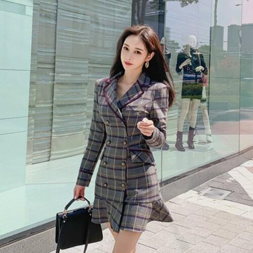 New Arrival Brand Designer Runway Dress Women Double Button Sheath Mini Classic Plaid Dress Ladies Ruffle Blazer Dress Autumn