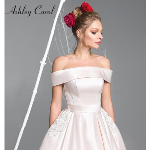 Ashley Carol A-Line Wedding Dress 2021 Elegant Satin Boat Neck Beading Lace Vintage Princess Bride Dresses Vestido De Noiva
