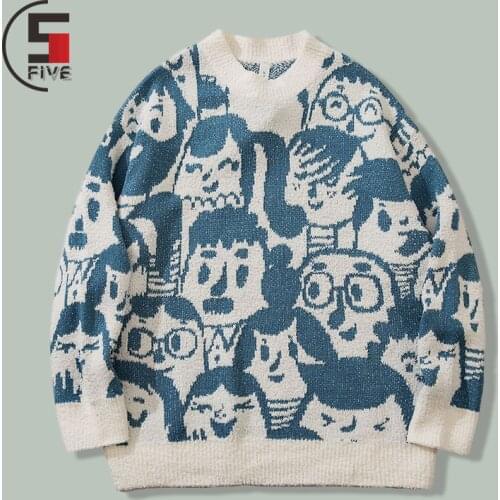 Harajuku Cartoon Character Print Knitted Sweaters Men Hip Hop Streetwear Casual Long Sleeve Sweater Winter Couple Loose Pullover