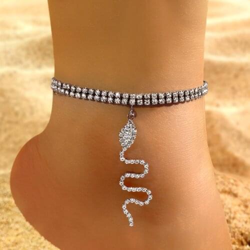 Boho Double layer Crystal Chain Anklets Summer Beach Snake Pendant Ankle Bracelet Jewelry for Women Barefoot Sandals Foot Chain