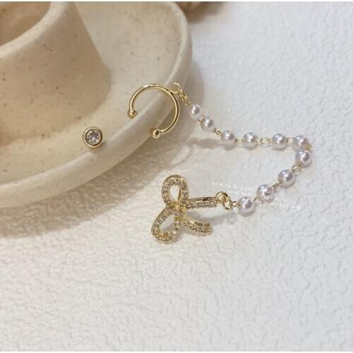 MENGJIQIAO 2021 Fashion Cute Micro Paved Zircon Bowknot Stud Earrings For Women Girls Elegant Pearl Chain Pendientes Jewelry