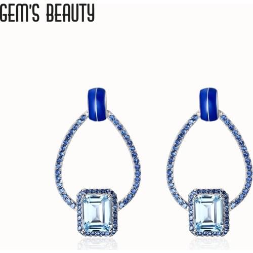 Gems Beauty 925 Sterling Silver Hoop Earrings For Women Wedding Engagement Statement Luxury Jewelry Charm Square Sky Blue Topaz