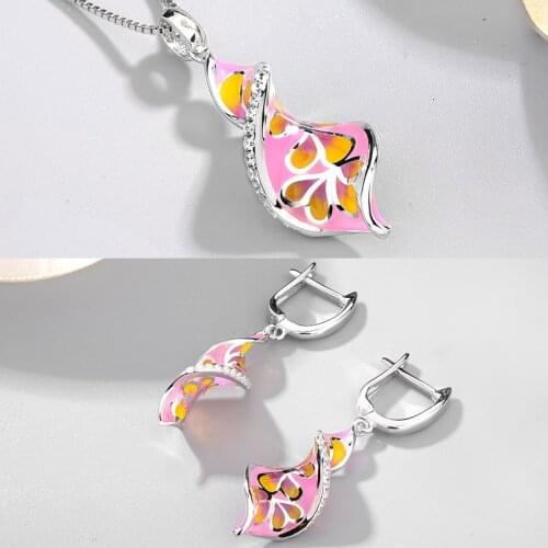OGULEE New Boho Jewelry Sets 925 Sterling Silver Sweet Pink Enamel Necklace Pendant Earrings for Women Valentines Day Gifts