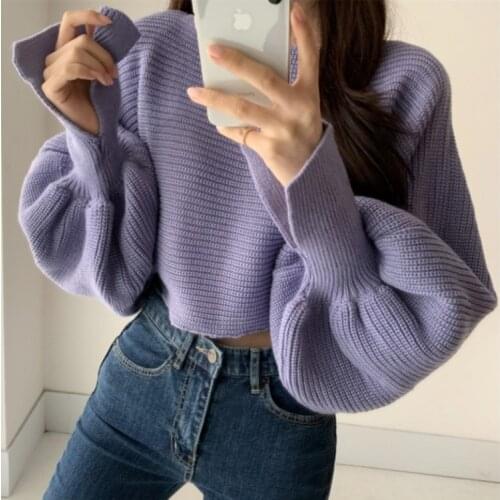 Women New Winter Loose Warm Patchwork Short Sweaters Casual O-neck Knitted Female Tops Autumn Lantern Sleeve Fashion Jumpers
