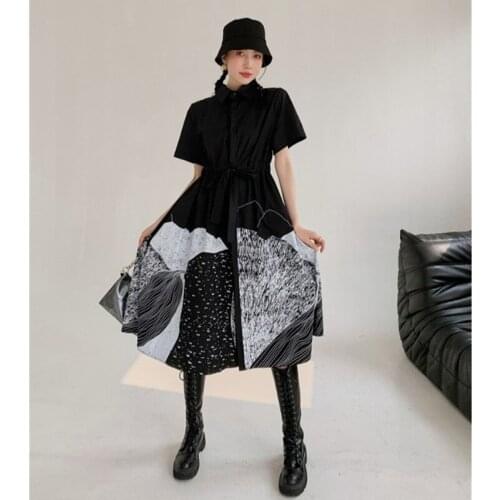 Summer Women Darkness Black Shirt Dress Vintage Short-Sleeved Irregular Stitching Design Printing Loose Drawstring Dress