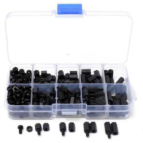 300pcs M3 Nylon Black M-F Hex Spacers Screw Nut Assortment Kit Stand-off Set