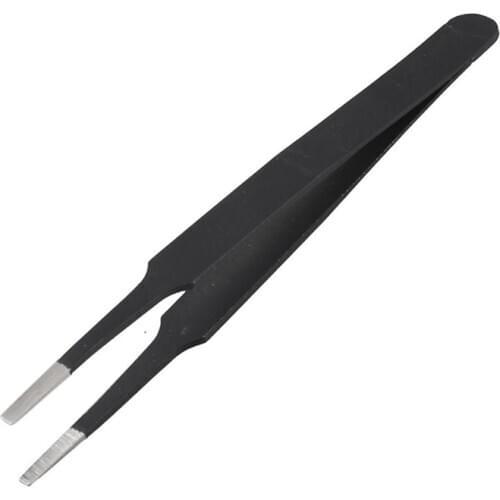 Anti-static Flat Square Tip Stainless Steel Straight Tweezers 4.7" Long Black