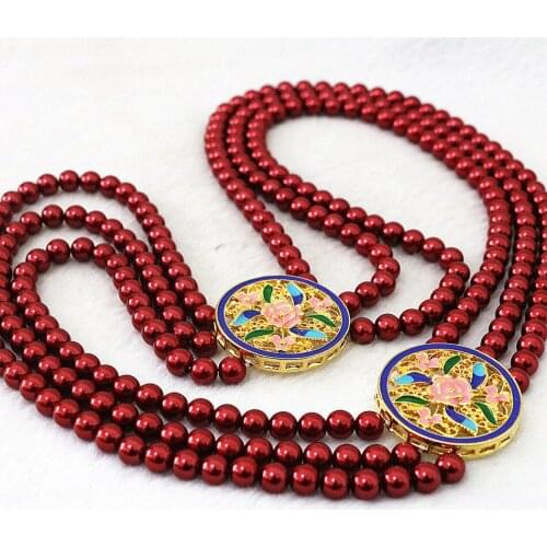Hot mix-color faux shell pearl 3rows 6mm round beads unique design gold-color flower accessories jewelry necklace 28-32"B1189