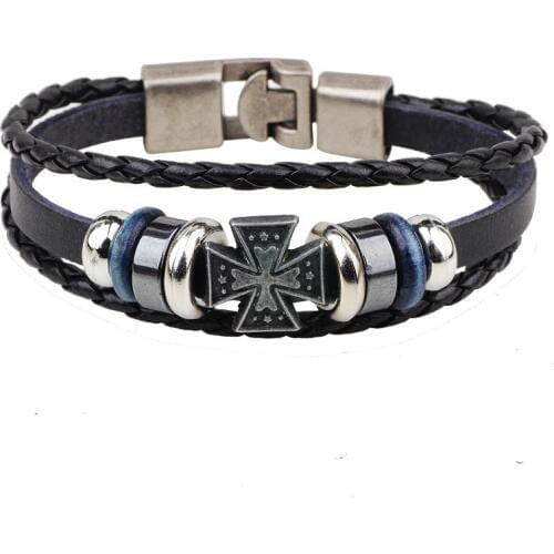 Cross Beaded Black Link Unique Design Vintage Brown Fashion Cuff Bangle Retro Leather Bracelets Men Jewelry Women Accessories