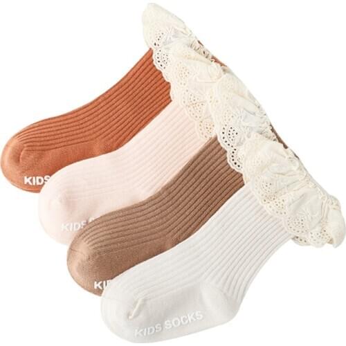 Infant Baby Girls Knee High Socks Ruffled Lace Ribbed Non-Skid Cotton Stockings