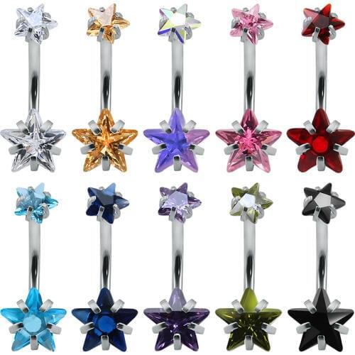 Stainless Steel Double Star Navel Ring Doube Zircon Star Sexy Belly Button Rings Women Navel Piercing Ring Body Piercing Jewelry