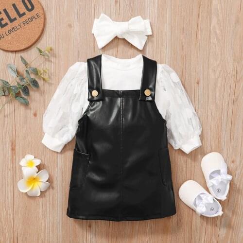 3Pcs Kids Girls Clothes Sets 2021 Autumn Long Bubble Sleeve Blouse PU Leather Suspender Dress Fashion Kids Outfit 0-5Y