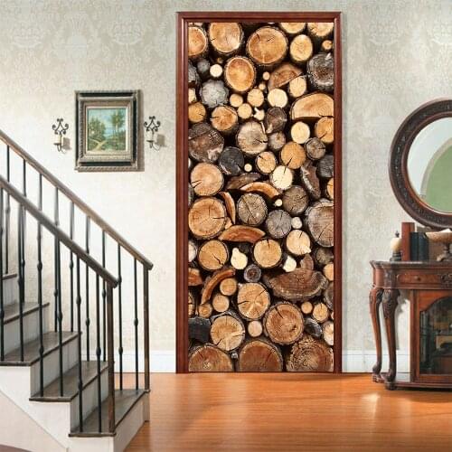 Creative Wood Stack Vinyl Door Stickers Home Decoration for Kitchen Toilet Outdoor Diy Wall Stickers Peel & Stick Art Wallpaper