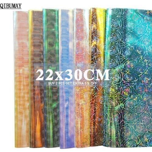 QIBUMAY 22*30cm Laser Rose Fabric Smooth A4 Glitter PU Leather DIY Bow Fabric Accessories Handmade Bags Shiny Flowers Materials