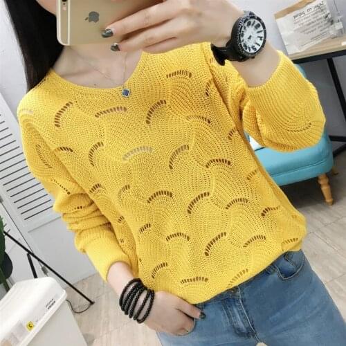 Summer Korean Fashion Thin Hollow Out Knitted Tops Women Pullover 5 Color O-Neck Long Sleeve Female Pull Jumper Femme Sweaters