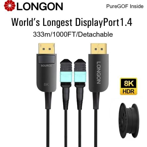 LONGON 333M 8K DP1.4 Displayport Cable PureGOF Optical Fiber For RTX3080 3090 4K 144Hz 240Hz 480Hz Monitor 10m 15m 20m 100m