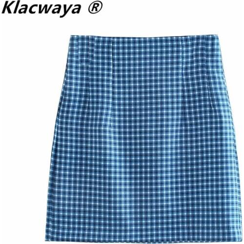 Klacwaya Women 2021 Chic Fashion With Back False Pockets Checked Mini Skirt Vintage High Waist Side Zipper Female Skirts Mujer
