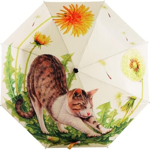 Fashion Illustration Lazy Cat Printing Ladies Rain Sun Umbrella 3 Folding 8 Rib Wind Resistant Frame UV Protection Umbrella