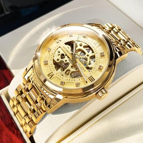 OLEVS self winding mens watch Waterproof automatic mechanical watch 18K Gold Stainless Steel Skeleton table religio masculino