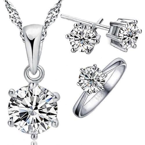 Womans Birthday Gift Wedding Jewelry Set Fashion 925 Sterling Silver Crystal Necklace Ring Earring 3 pcs/set
