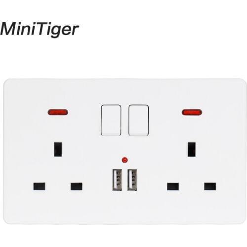 Minitiger Wall Power Socket Double UK Standard Outlet Switched 2.1A Dual USB Charger Port LED indicator 146mm*86mm White Color