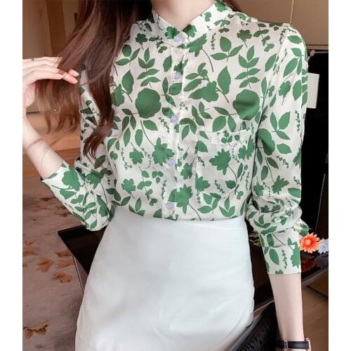 2021 autumn new printed shirt women fashion foreign style stand-up collar design Hong Kong version chiffon shirt top