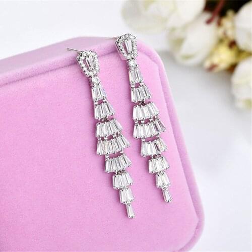 Ekopdee New Fashion Tassel Zircon Earrings For Women Luxury Long Drop Earrings Female Wedding Engagement Party Jewelry Statement
