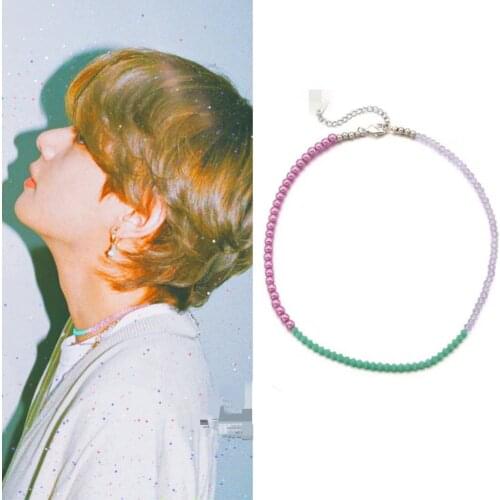KPOP Necklace Bangtan Boys V Purple Green Beads Chain Choker Necklace Men Women Gradient Jewelry Collier Korean Design Accessory