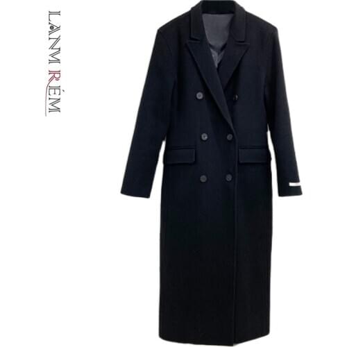 LANMREM Autumn Winter New Womens Black Coats Wool Blend Trench Coat Long Coat with Button Outerwear Casual Clothes 2D1001