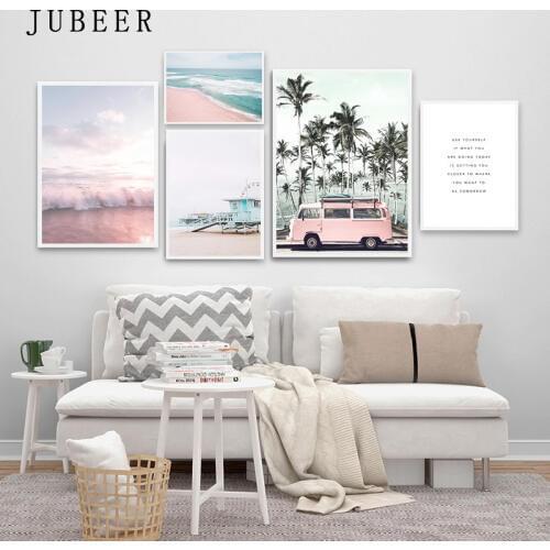 Ocean Landscape Canvas Poster Nordic Style Beach Pink Bus Wall Art Print Painting Decoration Picture Scandinavian Home Decor