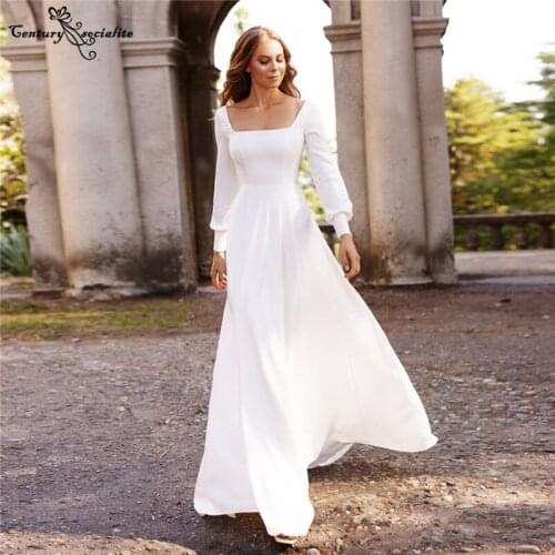 Simple Wedding Dresses for Women 2021 Square Collar Long Sleeve A-Line Crepe Boho Bride Dress Civil Bridal Gowns Robe De Mariee