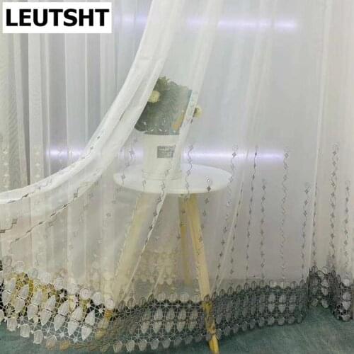 Luxury Curtains for Living Dining Room Bedroom Gray Hollow Out Embroidery Tulle Beige Lace Bottom Window Drapes for Bedroom